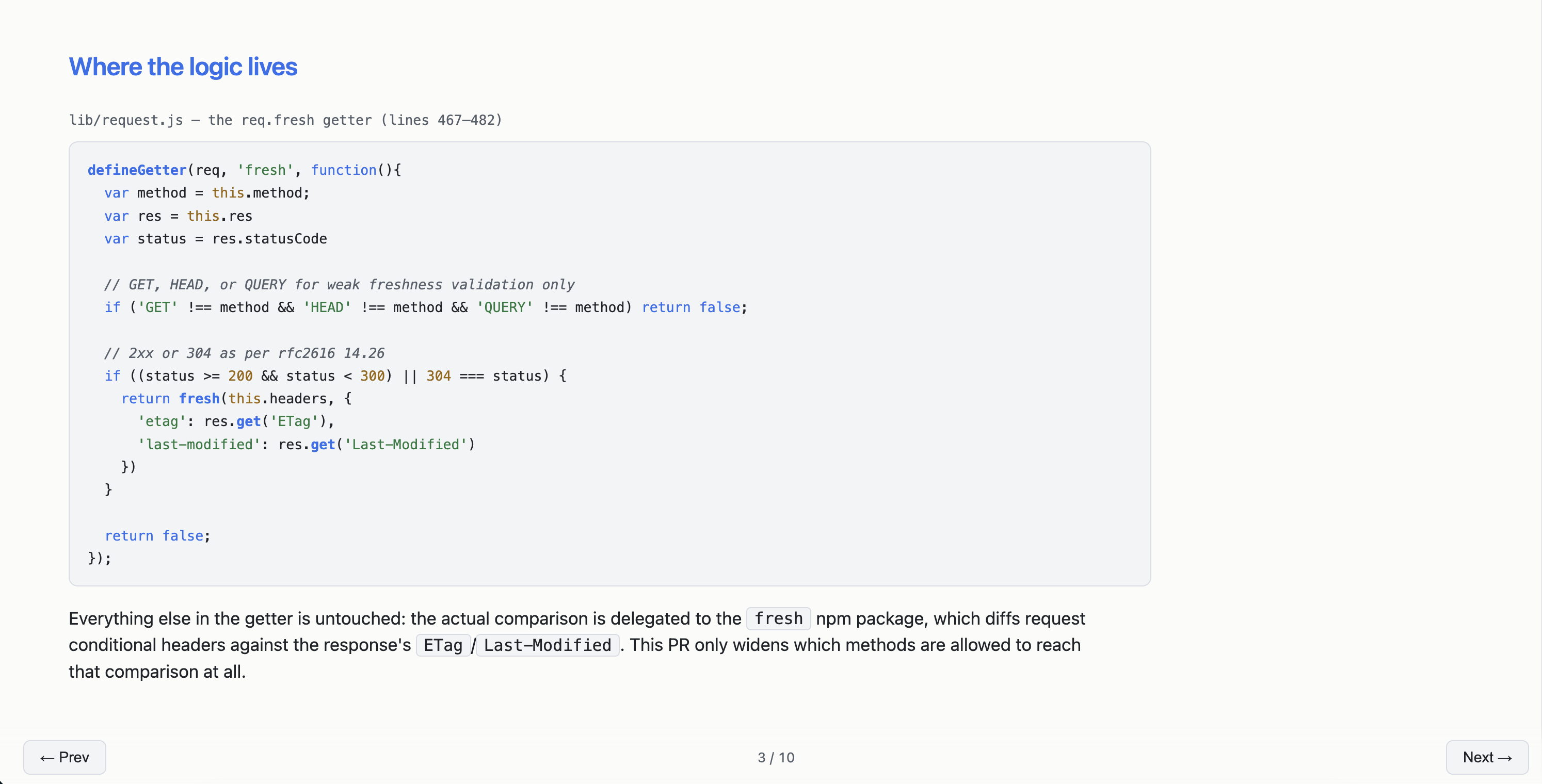 An /interactive-pr-review deck slide titled "Where the logic lives", zooming into the changed function with an explanation below